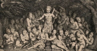 Cupid presides over a group of naked women who sit separated from groups of yearning men; symbolizing the passion of love. Etching by J. Audran after Claude Gillot. (Detail)