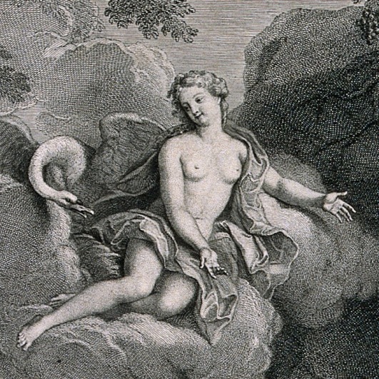 Bacchus with attendant satyrs sits drinking by a cave as Venus appears to him and offers him a cup of love. Engraving by J. Audran after A. Coypel, 1704.