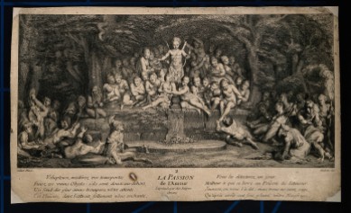 Cupid presides over a group of naked women who sit separated from groups of yearning men; symbolizing the passion of love. Etching by J. Audran after Claude Gillot.