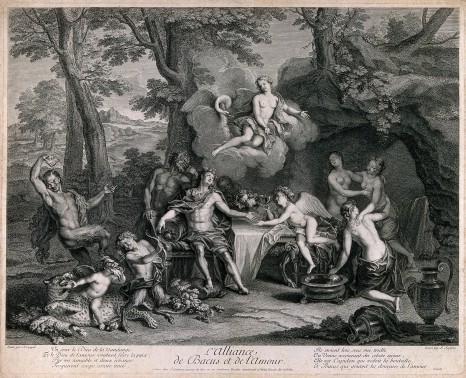 Bacchus with attendant satyrs sits drinking by a cave as Venus appears to him and offers him a cup of love. Engraving by J. Audran after A. Coypel, 1704.