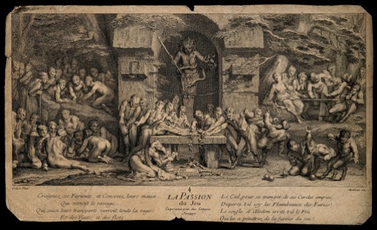 Medusa presiding over groups of satyrs who are gambling; representing gambling or gaming as a passion. Etching by J. Audran after C. Gillot.