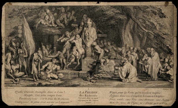Satyrs grouped around a statue, displaying the attributes of greed and venality. Etching by J. Audran after C. Gillot.